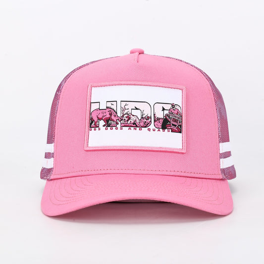 Truckers Hat- HDQ Pink & White Patch - Hogs Dogs Quads Shop