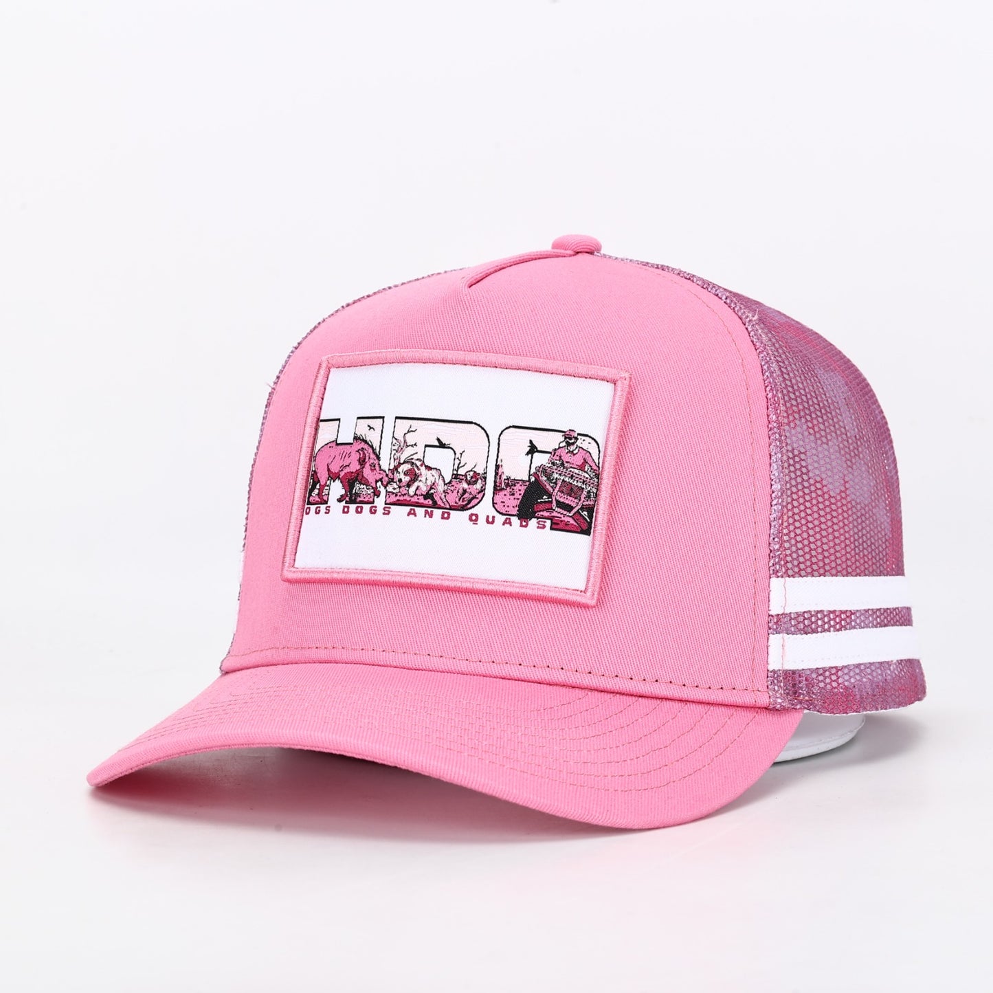 Truckers Hat- HDQ Pink & White Patch - Hogs Dogs Quads Shop
