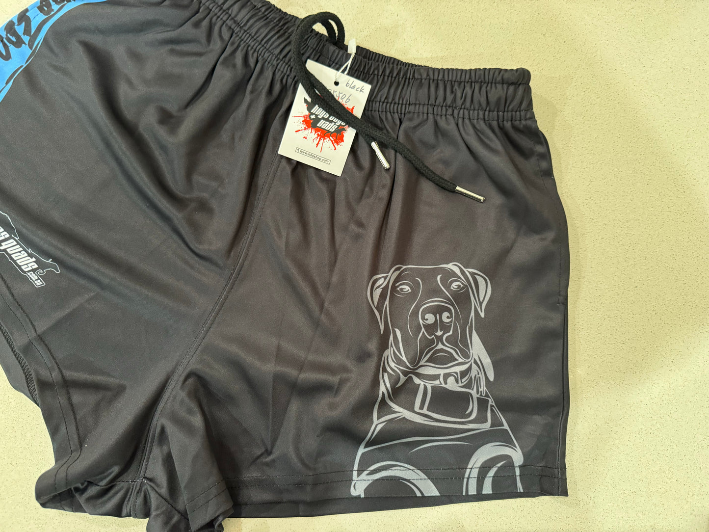 Footy Shorts - Pig Dog Black Blue stripe - Hogs Dogs Quads Shop