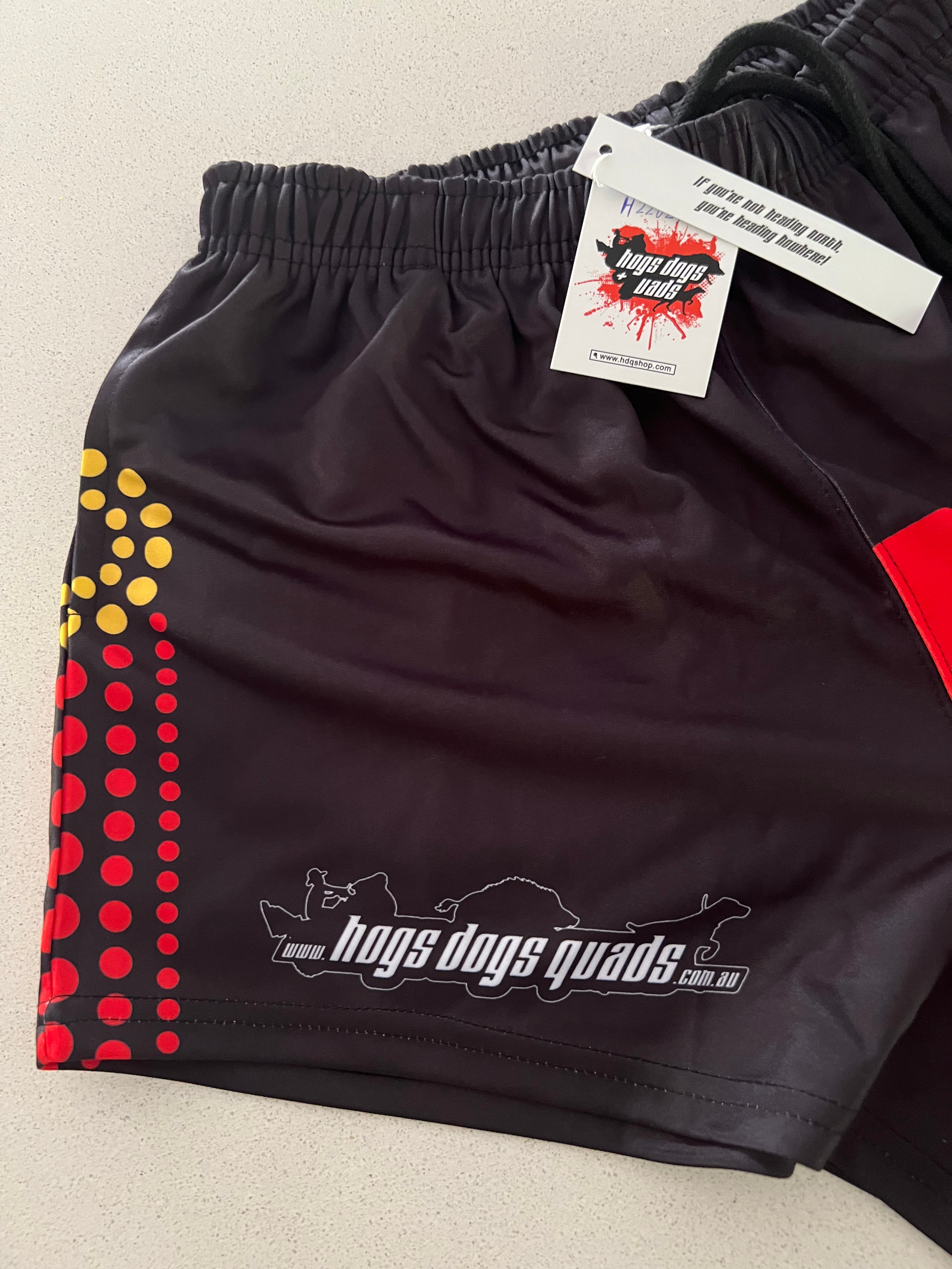 Footy Shorts - Indigenous Flag - Hogs Dogs Quads Shop