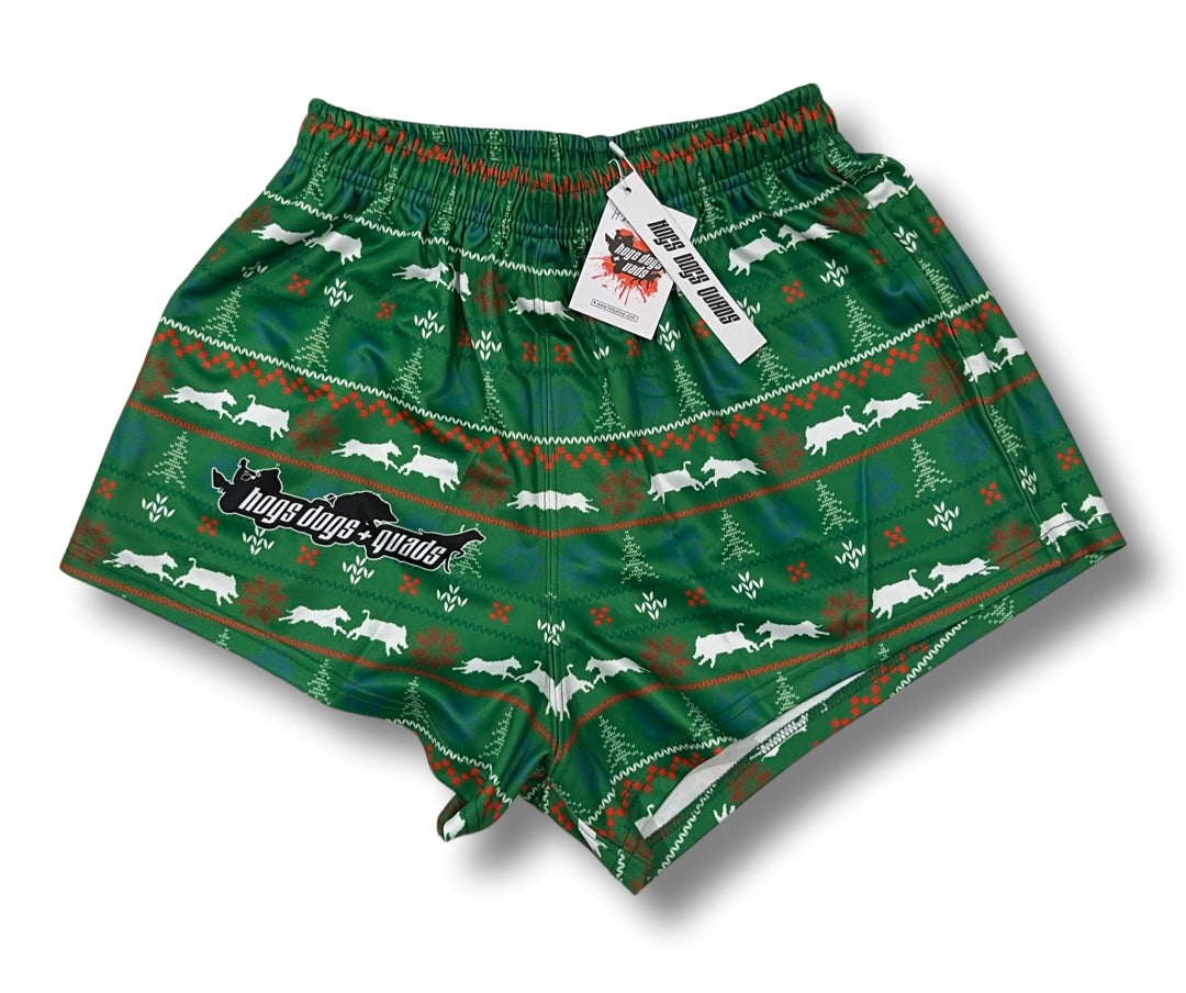 Footy Shorts - ROWDY CHRISTMAS with pockets - Hogs Dogs Quads Shop