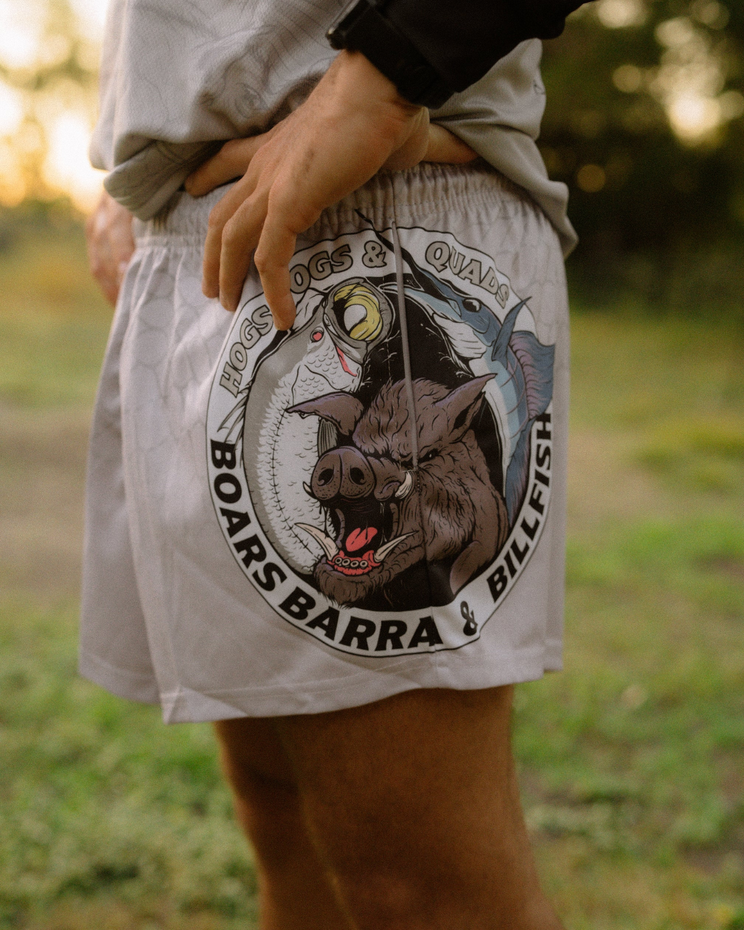 *DEFECT* 🔥NEW🔥 Boars, Barra & Billfish Footy Shorts - WITH POCKETS - Hogs Dogs Quads Shop