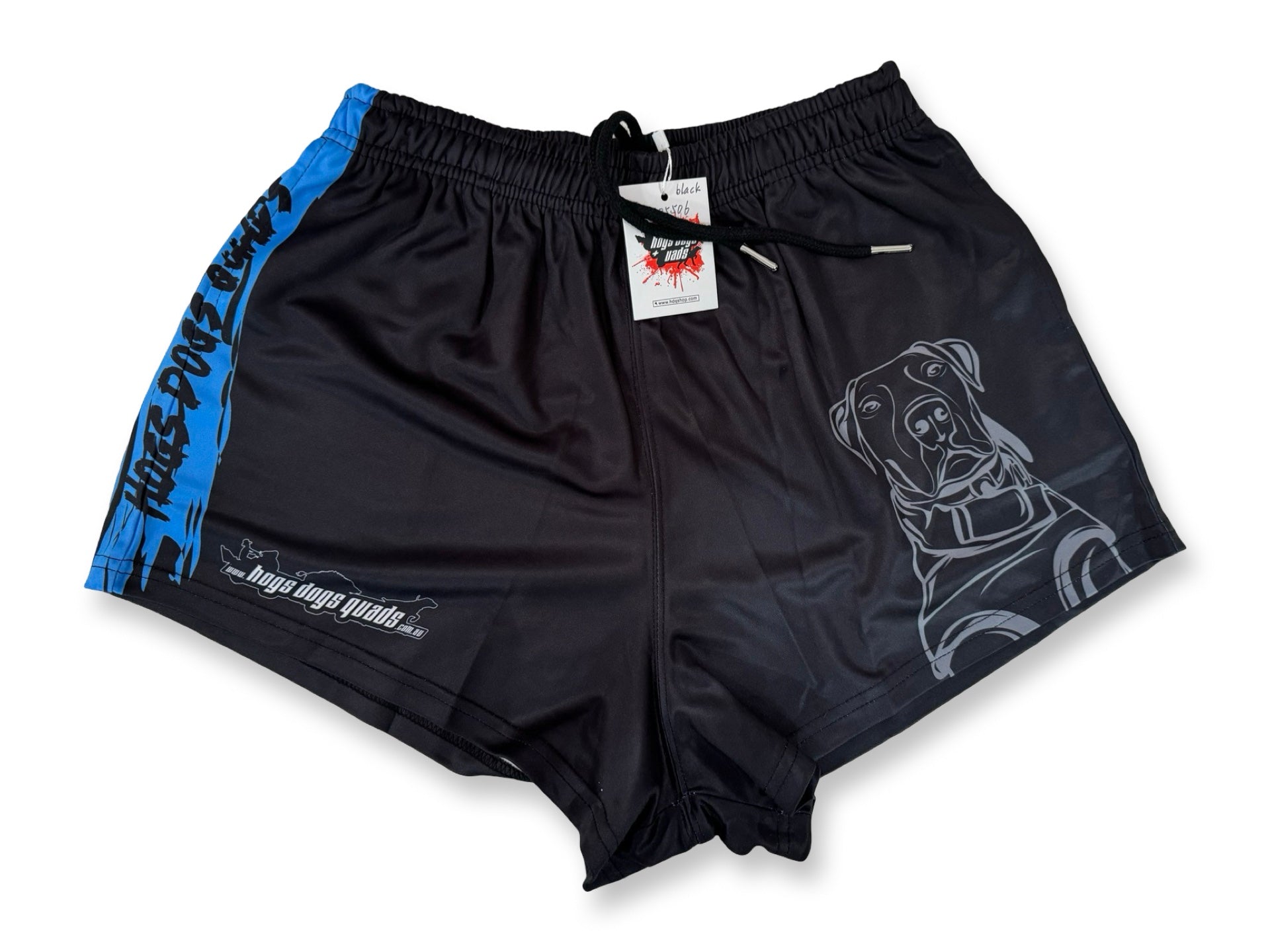 Footy Shorts - Pig Dog Black Blue stripe - Hogs Dogs Quads Shop