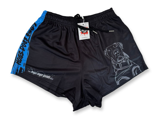 Footy Shorts - Pig Dog Black Blue stripe - Hogs Dogs Quads Shop