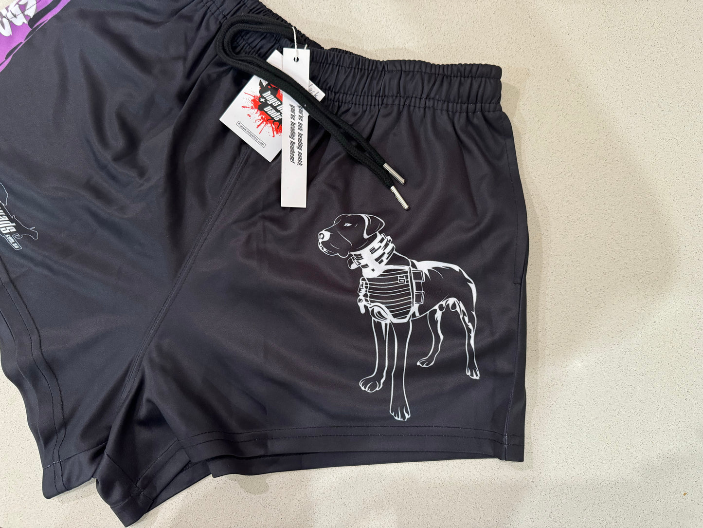 Footy Shorts - Pig Dog Black Purple Stripe