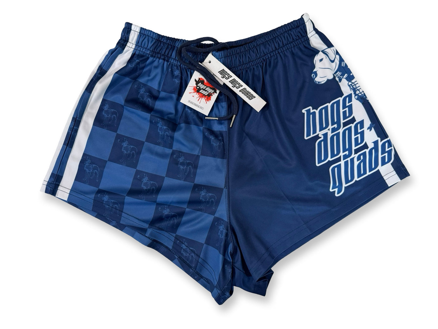 Footy Shorts - Pig Dog Light Blue Chequered - Hogs Dogs Quads Shop