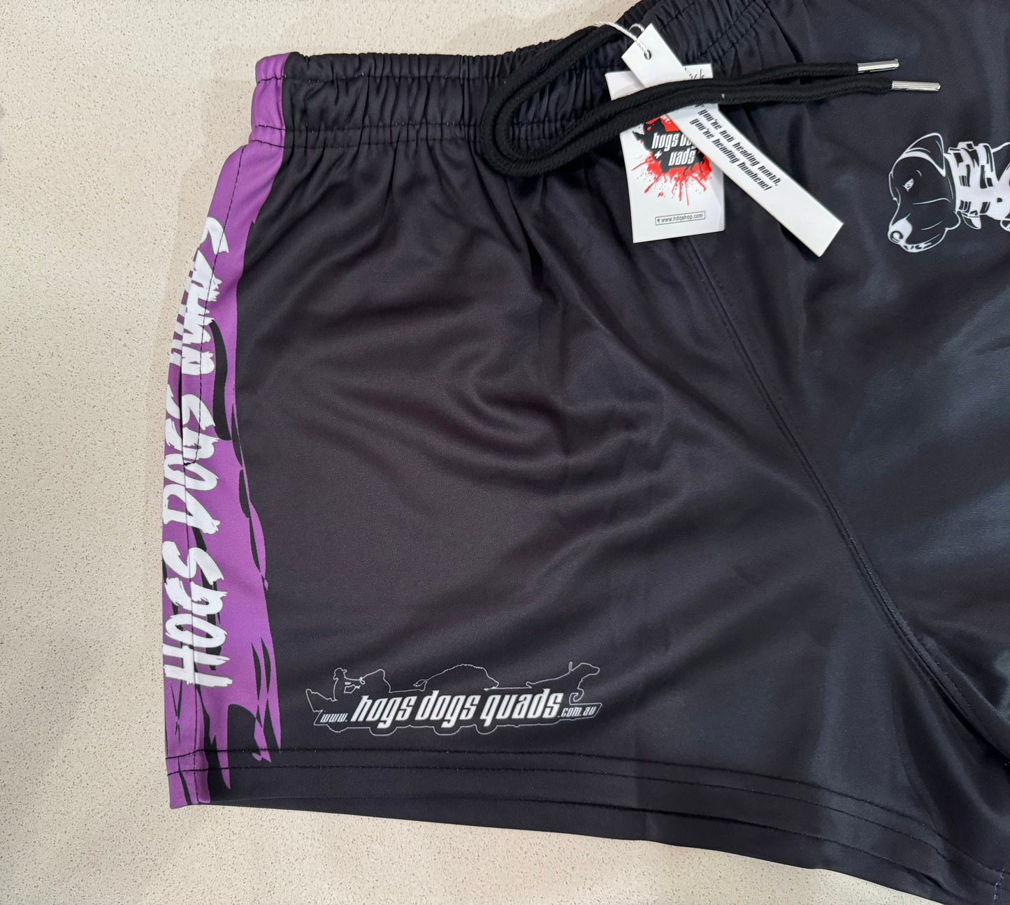 Footy Shorts - Pig Dog Black Purple Stripe