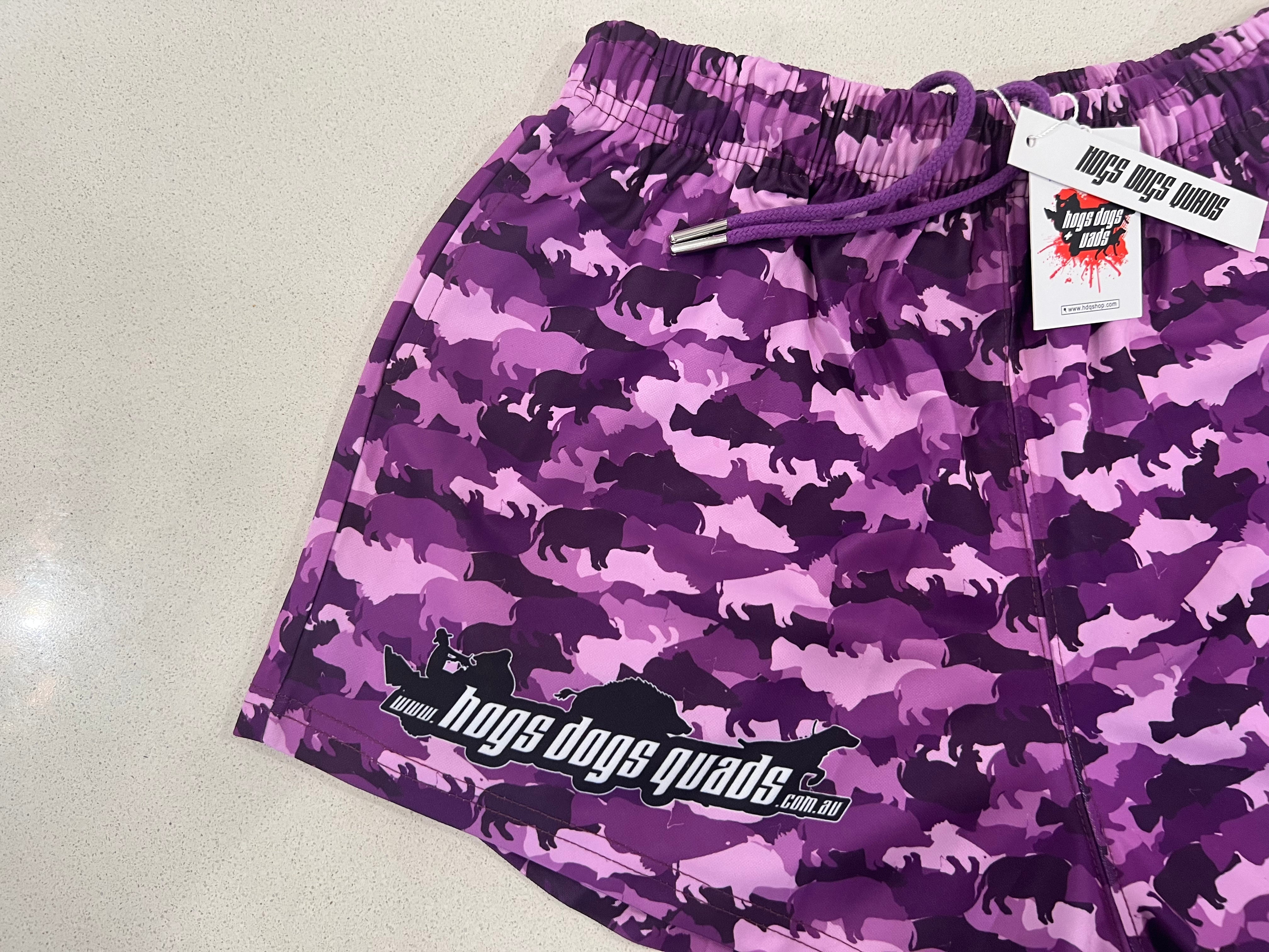 Footy Shorts - Purple Boars & Barra with pockets - Hogs Dogs Quads Shop