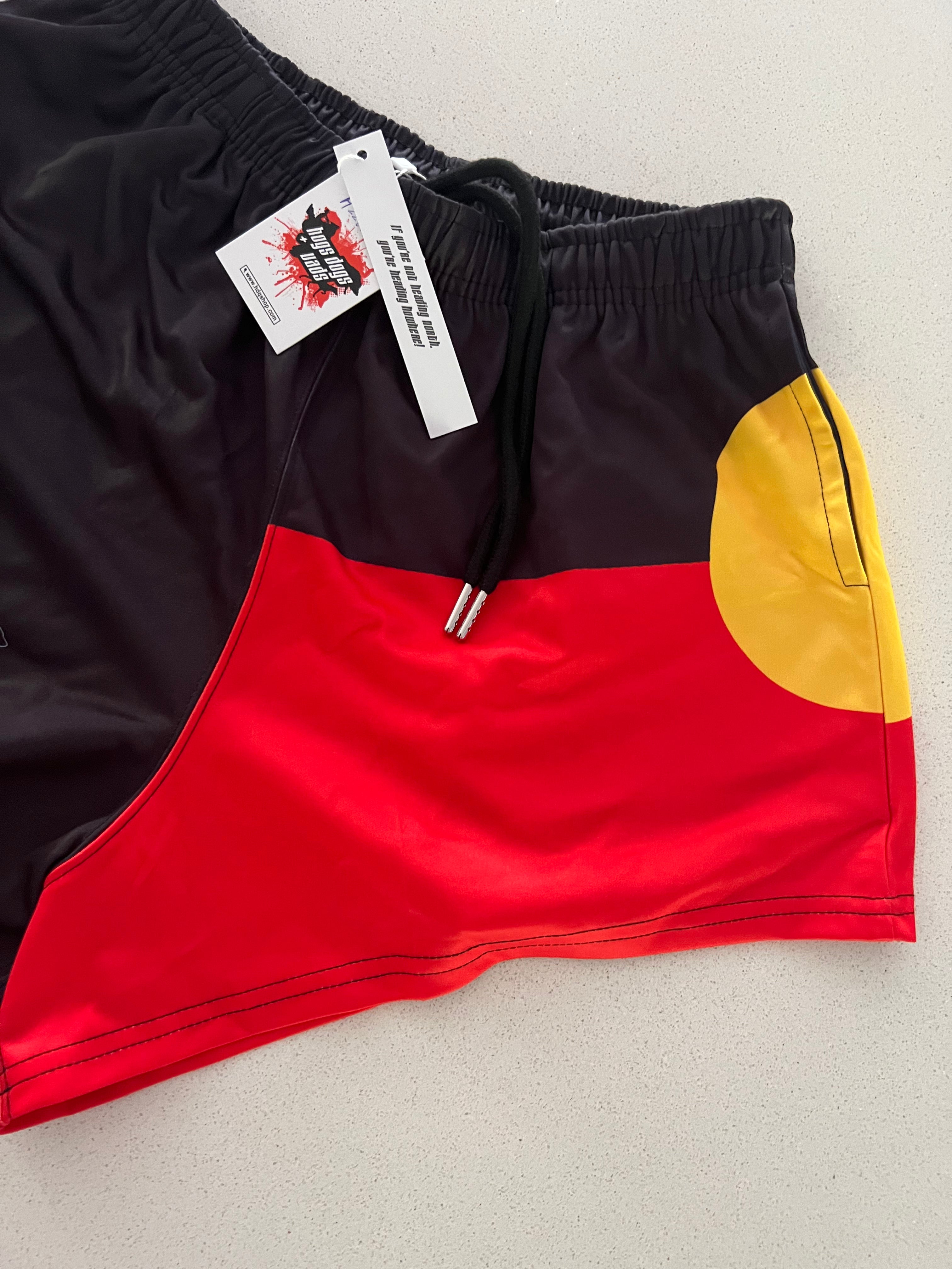 Footy Shorts - Indigenous Flag - Hogs Dogs Quads Shop